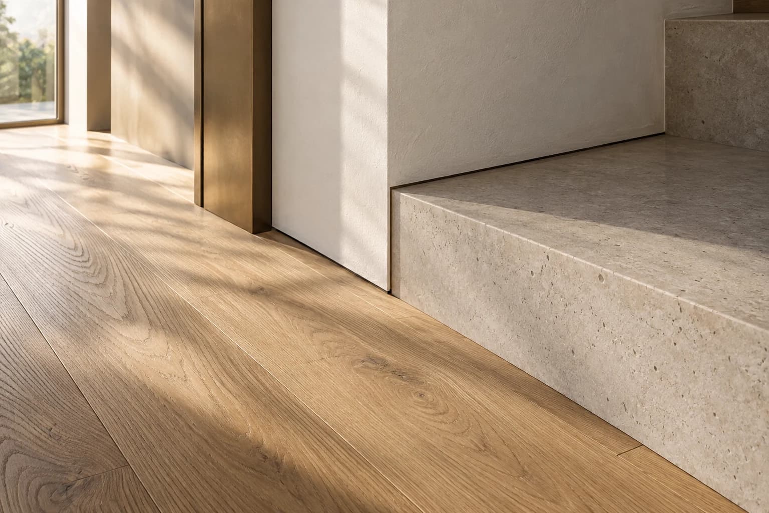 Natural oak flooring meeting a honed stone step